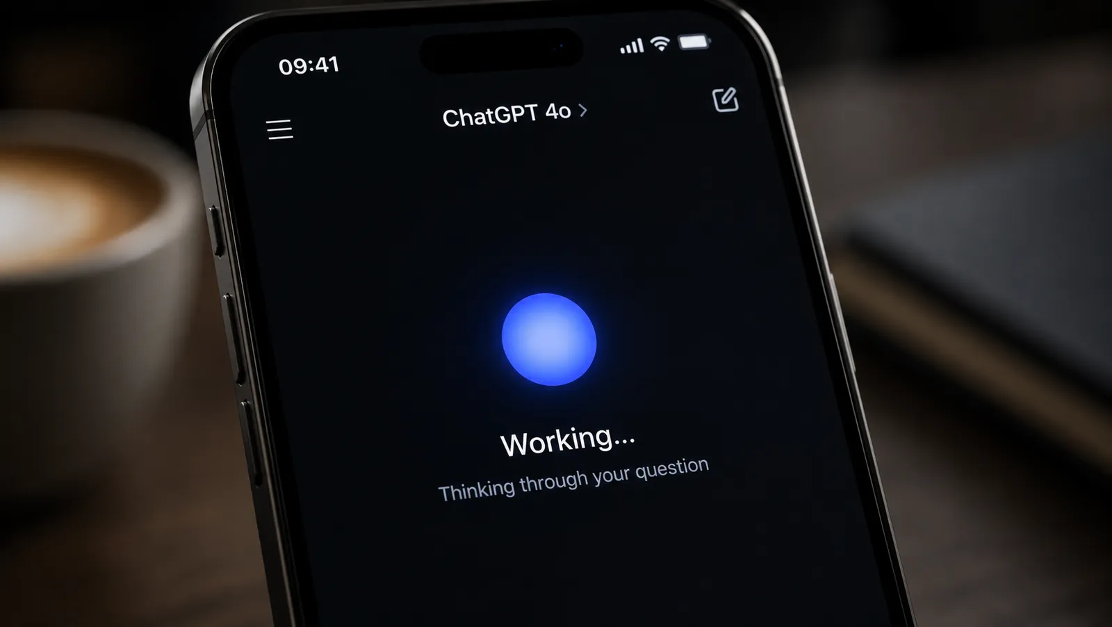 A smartphone displaying ChatGPT's working screen on a dark interface, with a coffee cup blurred in the background.